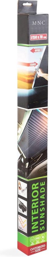 Verpakking van een M.N.C. interieur zonnescherm 150 x 70 cm, met afbeeldingen van het product in gebruik.