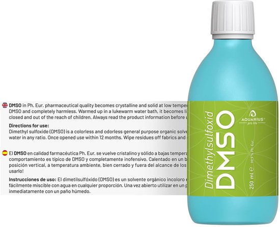 Turquoise fles met groen label, met de tekst 'Dimethylsulfoxide DMSO' en 'AQUARIUS pro life'.