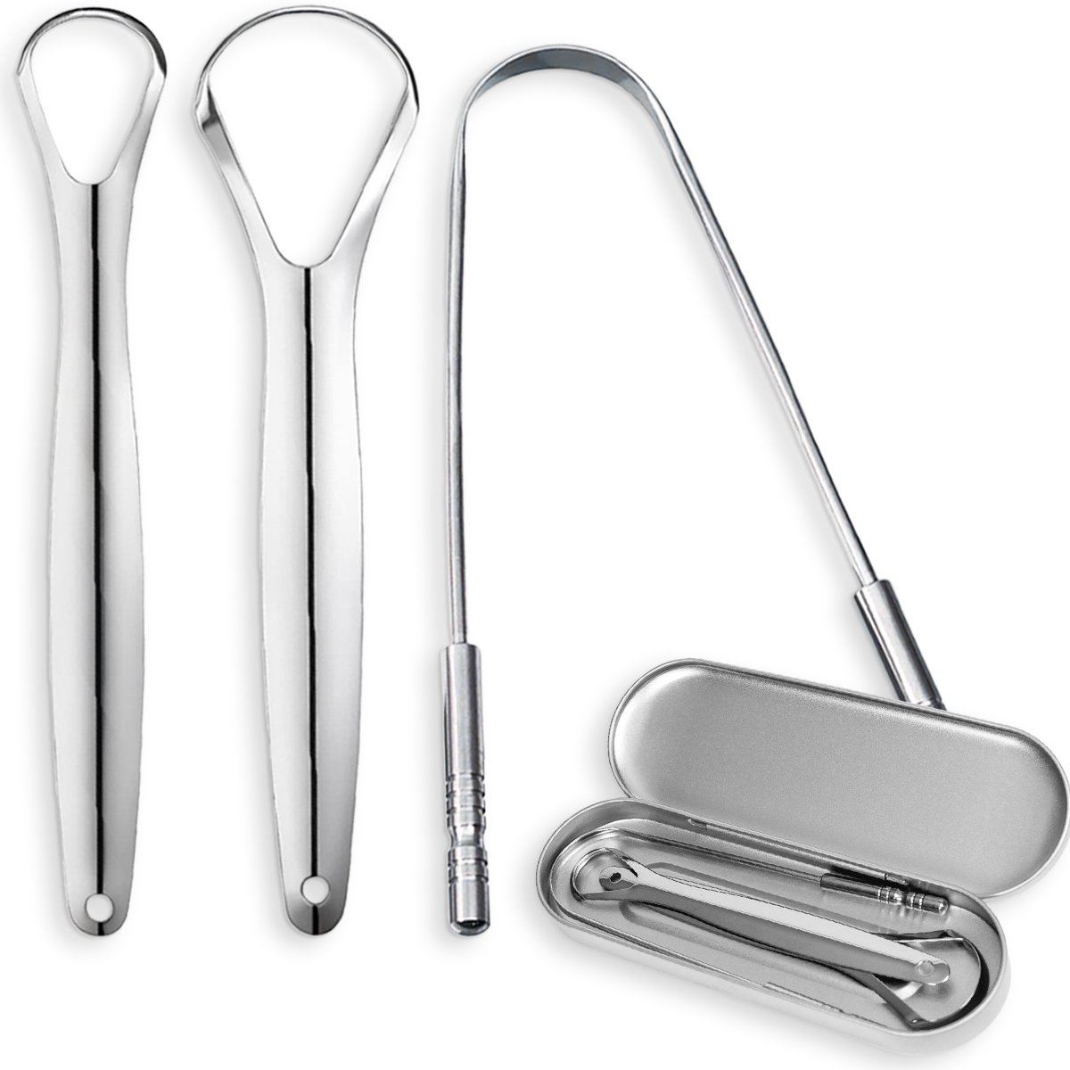 Loti Living Tongschraper Set – 3 stuks RVS Tong Schraper met bewaardoosje – Tong Reiniger van Roestvrij Staal – Tongschraper RVS – Frisse adem – Verwijdert bacteriën en aanslag – Mondverzorging