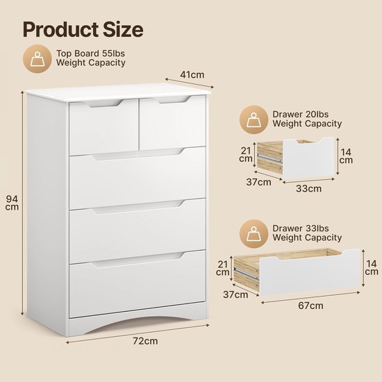 Baroni Home Commode Chambre en Mélaminé 5 Tiroirs, Meuble de Rangement
