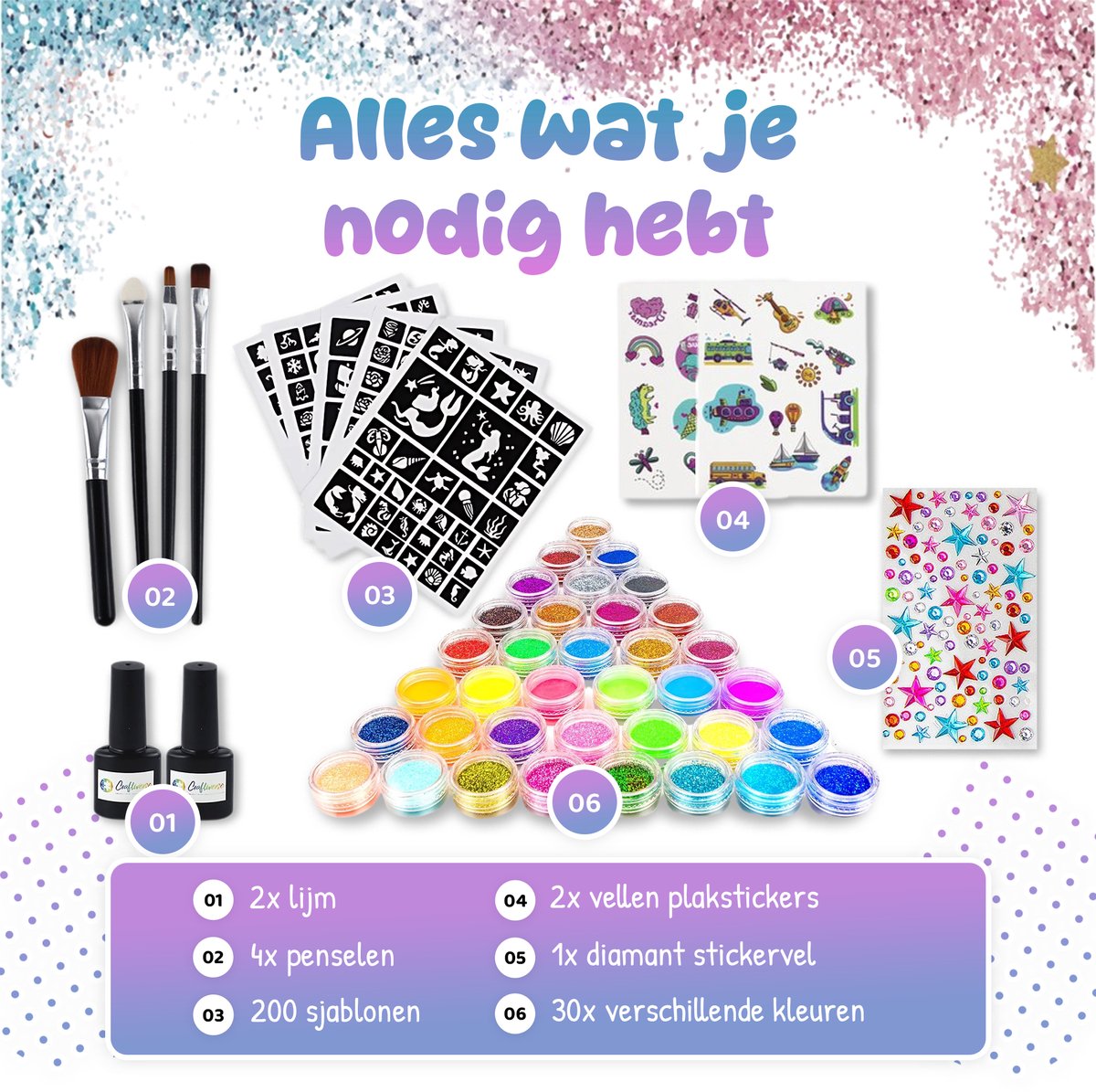 Craftiverse - Glitter Tattoo Set Compleet - 212 Sjablonen - 30 kleuren - Biologisch Afbreekbare Glitters - Schmink Sjablonen - Knutselpakket - Knutselen voor Kinderen - Huidlijm Voor Glitters - Kinderen - Jongens en Meisjes - Inclusief Handleiding — afbeelding 7