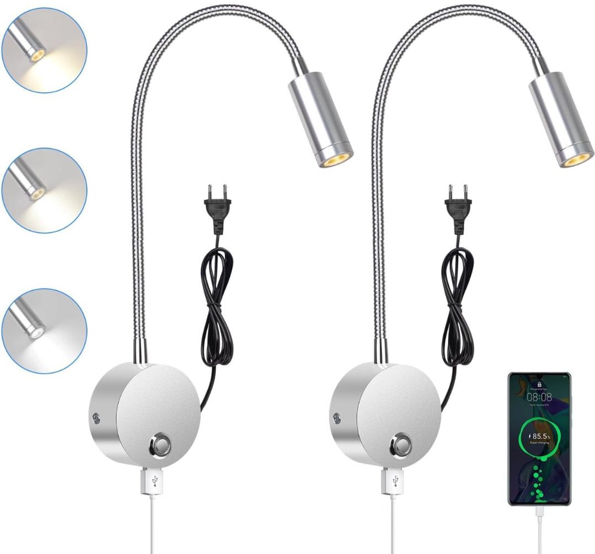 CLGP® Bedlampjes Hoofdbord - Dubbele Leeslampjes - Bedlamp Slaapkamer Volwassenen - Zilver