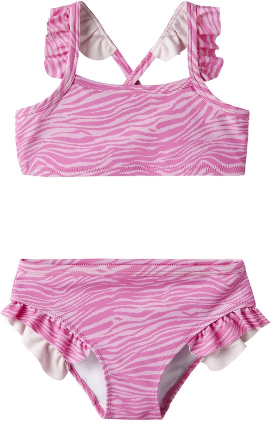 Roze bikini set met zebraprint, ruches op de top en broekje.