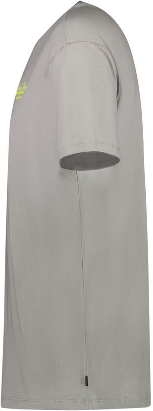 Grijze t-shirt met korte mouwen, zijaanzicht met opdruk.