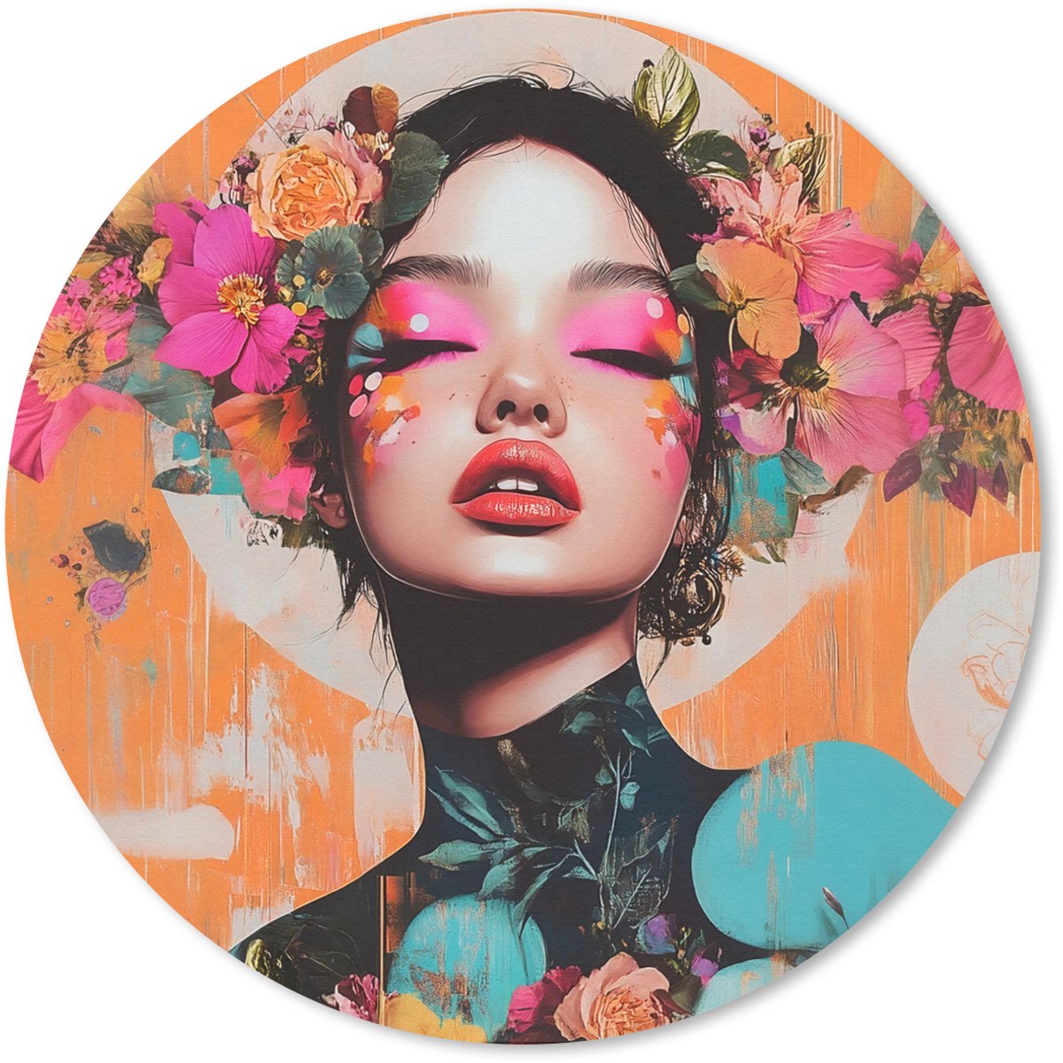 Muismat rond 40x40 cm - Mousepad Portret - Vrouw - Abstract - Bloemen - Ronde muismatten