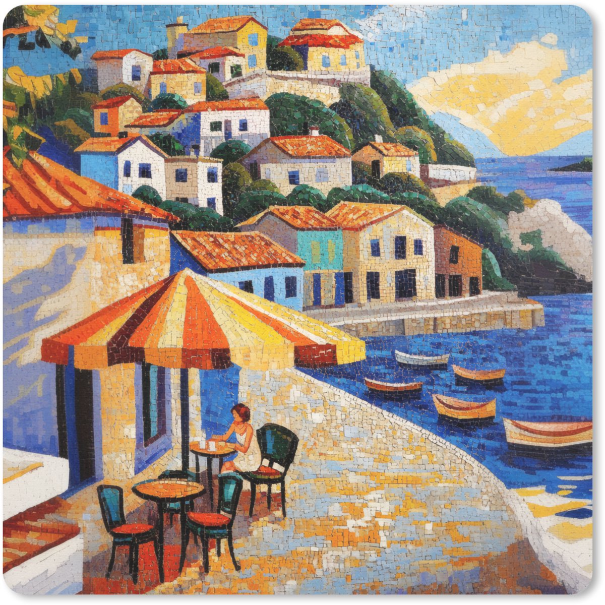 Muismat 20x20 cm - Mousepad Kustdorp - Huisjes - Mozaïek - Zee - Muismatten