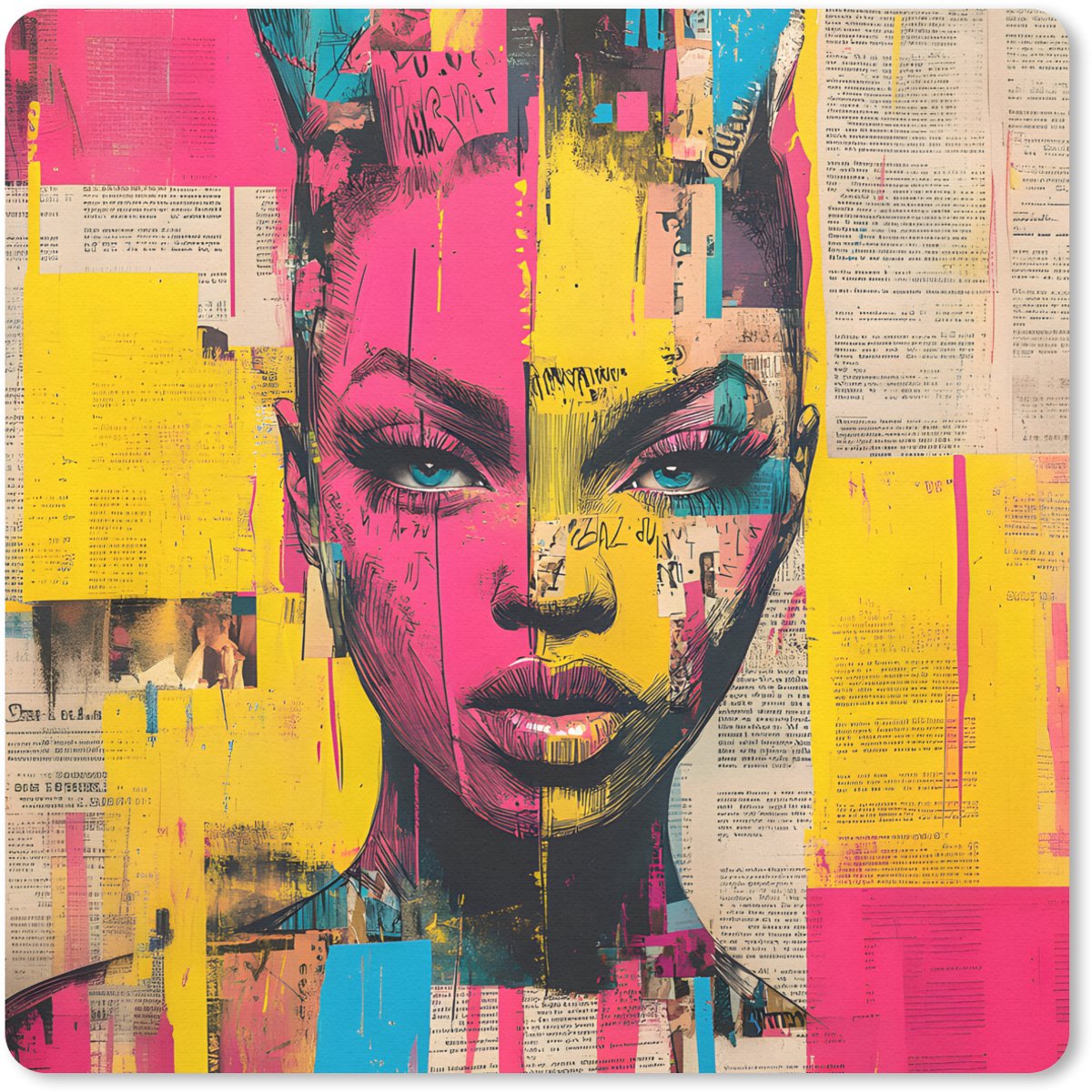 Muismat 30x30 cm - Mousepad Vrouwengezicht - Krantenpapier - Abstract - Roze - Muismatten