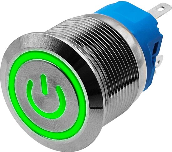 Interrupteur à impulsions en métal ProRide 220 V OFF-(ON) - 22 mm - Interrupteur momentané - Résistant aux éclaboussures - Indication LED verte