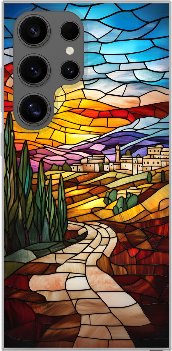 Telefoonhoesje Geschikt voor Samsung Galaxy S24 Ultra hoesje - Mozaïek - Zon - Landschap - Dorp - Siliconen Telefoonhoesje Telefoonhoesje