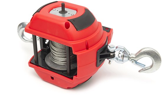 Rode draagbare lier met opgerolde kabel, haken aan beide zijden.