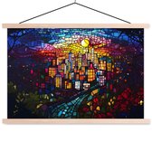 Posterhanger incl. Poster 120x80 cm - Schoolplaat - Stad - Maan - Mozaïek - Kleurrijk - Textielposter - Blanke latten