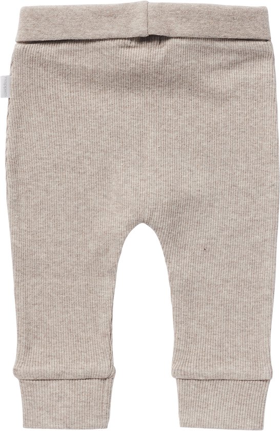 Geribd broekje in taupe melange met omvouwbare tailleband.
