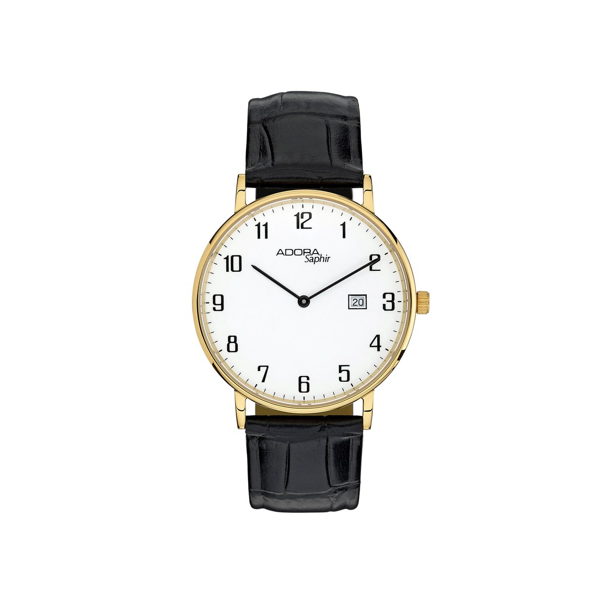 Adora Saphir Herenhorloge AS4775 - Klassiek Minimalisme - Goudkleurige Kast - Saffierglas - Zwart Lederen Band - Datum