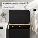 Zwarte wasmand met deksel open, met drie uitneembare waszakken en bamboe frame. Binnenkant deksel met mesh vakken.