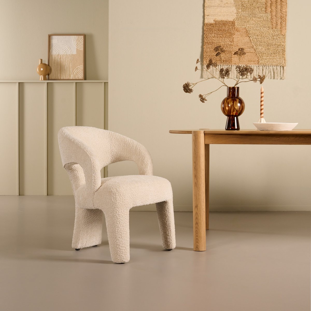 Woonexpress Eetkamerstoel Brock - Textiel - Creme - 60x78x66 cm (BxHxD) - Boucle - Kleur Natural - Koudschuim