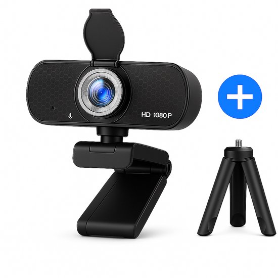 Hama 00139991 Webcam 1080p Full HD met microfoon (PC webcam voor thuiskantoor en gaming, hoge resolutie, 360 graden draaibaar, 90 graden kantelbaar, met camera-afdekking, 1/4 inch schroefdraad voor statieven), Zwart