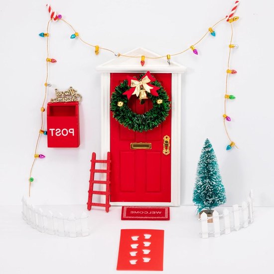 Kerstdeur accessoireset met elfhouder en kerstkrans - decoratieve brievenbus, omheining en trapversiering