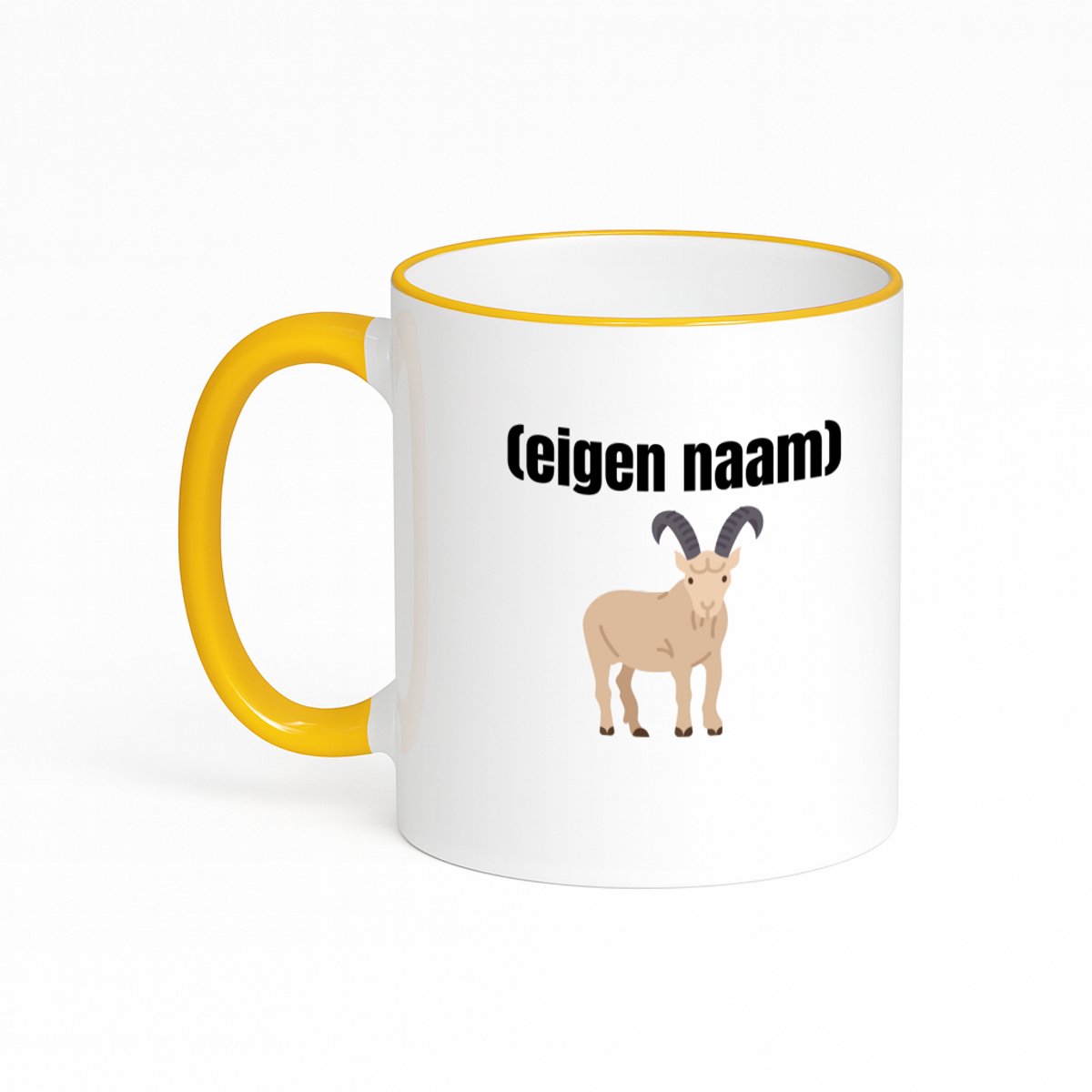 Hacebo® - Geit met hoorn met eigen naam koffiebeker met gekleurde rand goudgeel - geiten liefhebbers - thee mok - koffie beker - met eigen naam - dieren liefhebber - leuk cadeau voor iemand die houdt van geiten - koffiemok - 330 ML