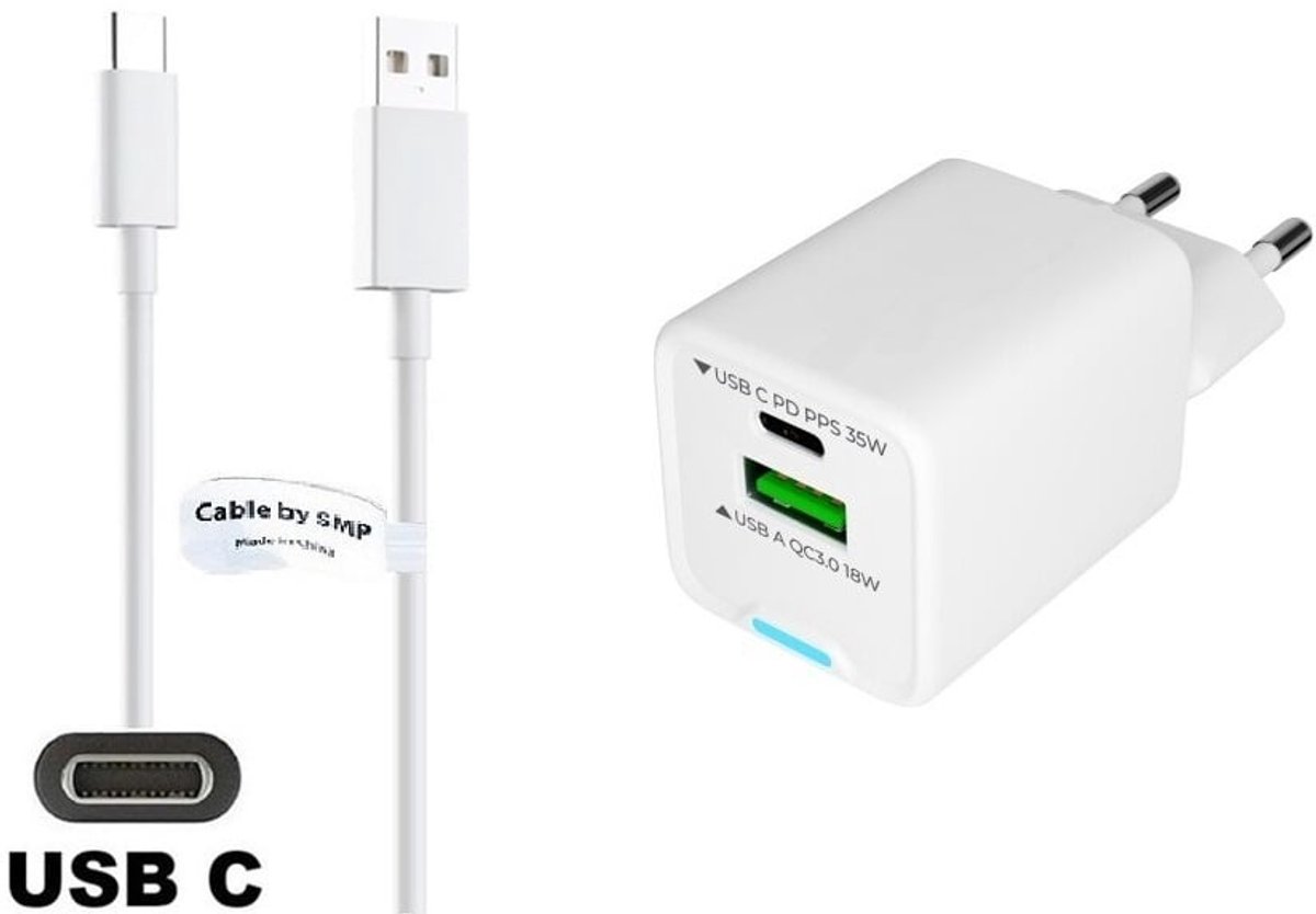 OneOne 35W super snellader met 2 poorten + 1,8m sterke USB C kabel. PD lader. Oplader adapter past op Huawei Mate 9, 10, 20, 20 RS, 20X, 30, 30E, 40, 40E, 50, 50E, 50RS, 60, 70 (Pro_RS_Lite_Plus,_Pro Plus), Mate RS, X, Xs, Xs 2, X2, X3, X5, X6, XT