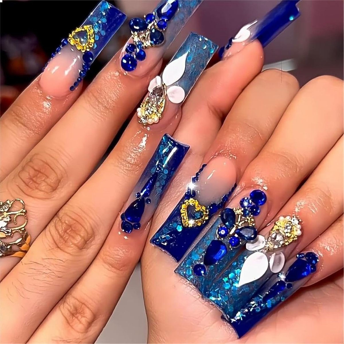 Royal Blue Press On Nails - Lange Lengte - Vierkante Vorm - Acrylnagels met Strass - 24 Stuks