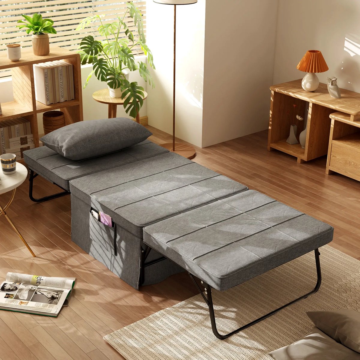 Pugsdrly 4-in-1 opklapbed, logeerbed, in hoogte verstelbaar, matras, zijvakken, metalen frame, grijs, 188 x 75 x 38 cm