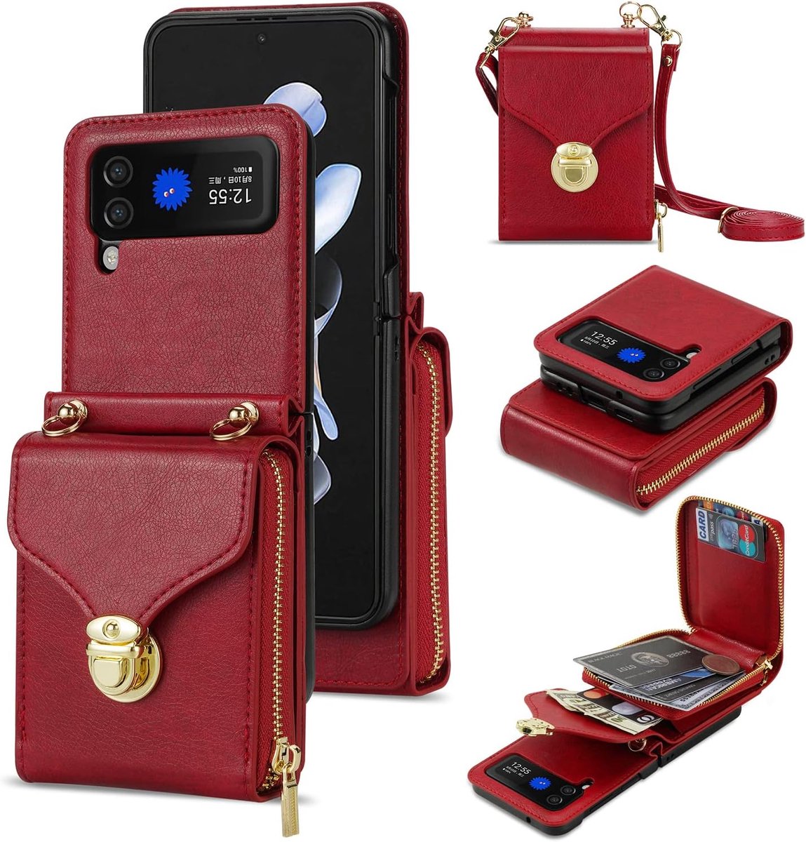 Zandarix Geschikt voor Samsung Galaxy Z Flip 7 - Schouderriem - Met kijkstandaard - Cameralensbescherming - Back Cover Hoesje - Rood