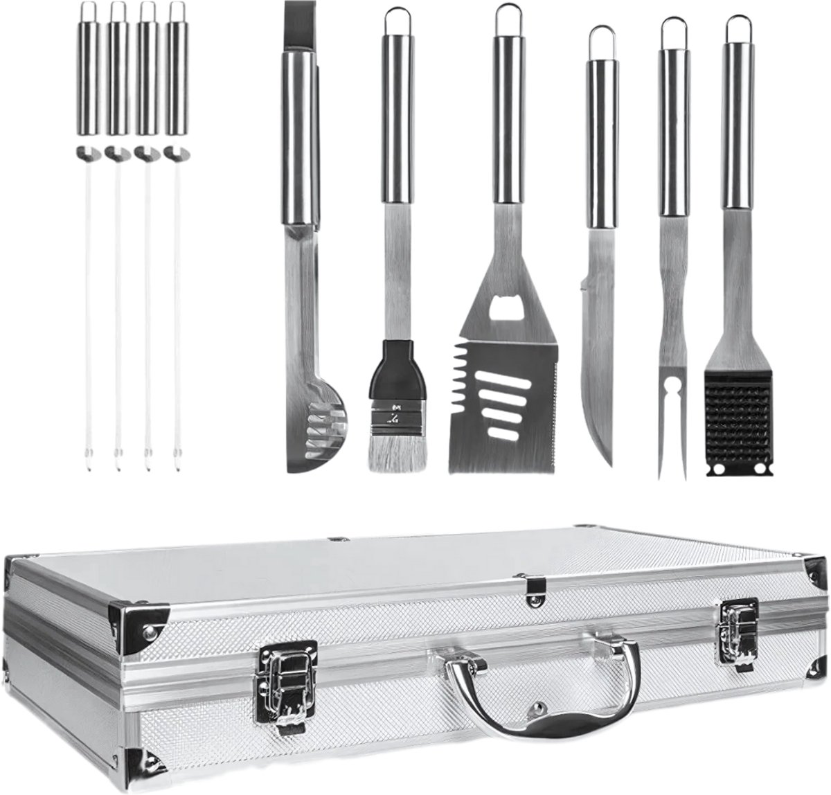 Lomera Barbecue Gereedschapset – Luxe Barbecue Accessoires – RVS Barbecue Set – 19-Delige BBQ Set – Aluminium Opbergkoffer – Grillgereedschap – Barbecue Tang – Schoonmaakborstel – Vleesvork en Vleesmes – 3-in-1 Spatel – Barbecue Spiezen – Maishouders nvt