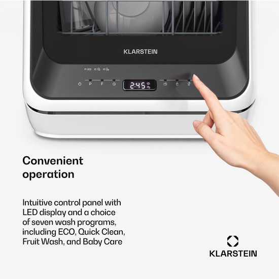 Klarstein Amazonia Mini Vaatwasser - Compact Aanrechtblad, 7 Programma's, 5L Tank of Directe Aansluiting, Energie-efficiëntieklasse D, Stil 58dB, Digitaal Display, Draagbaar Tafelblad voor Kleine Keukens, Zwart