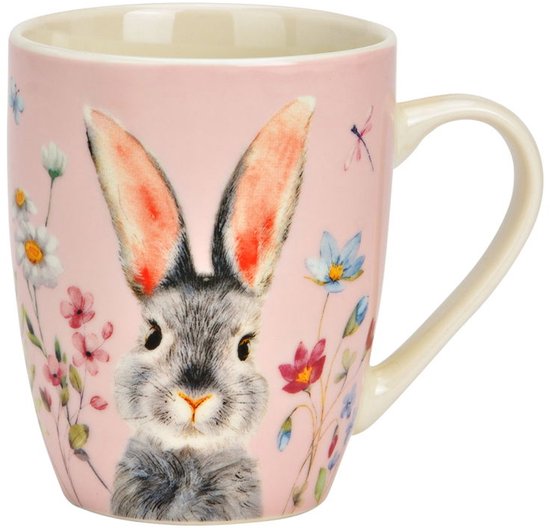 Tasse avec lapin 360 ml – tasse à café rose avec fleurs et lapin – tasse de Paques cadeau printemps