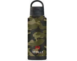 Refillz Drinkware® - (NEW) Camou Bottle Urban Green&Black - Dubbelwandige Thermo Drinkfles 1000ML - Waterfles - RVS Bidon - Click & Lock Lid Pro - 24u koud / 12u warm - Lekvrij Design - BPA Vrij