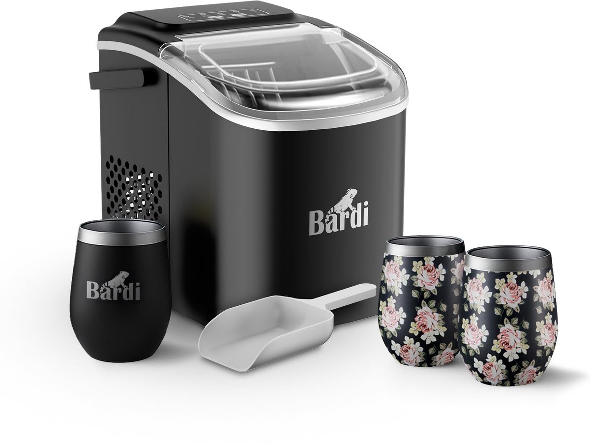 Bardi Deluxe IJsblokjesmachine Set 1,2 Liter Zwart - 12KG IJsblokjes in 24 uur - met IJsschep - Inclusief 3 Luxe Thermosbekers en Ijsschep - Bloemetjes