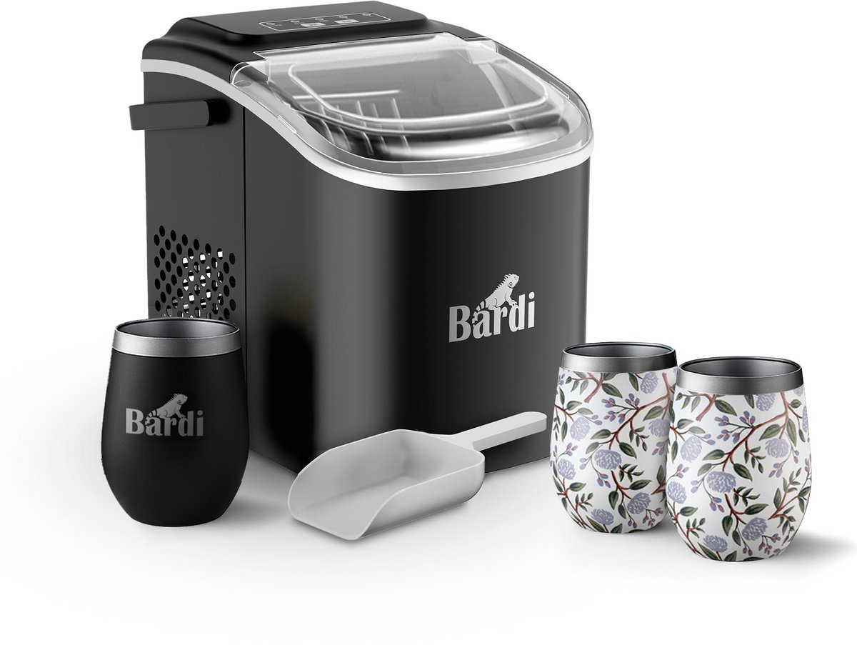 Bardi Deluxe IJsblokjesmachine Set 1,2 Liter Zwart - 12KG IJsblokjes in 24 uur - met IJsschep - Inclusief 3 Luxe Thermosbekers en Ijsschep - White Flower