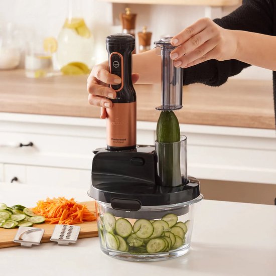 Karaca Mastermaid Prosteel - Keukenrobot 2500W - Glazen Hakmolen 1,5L - Staafmixer, Smoothiebeker, Garde, Rasp & Snijschijven - Zwart/Koper van Karaca — afbeelding 3