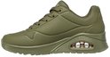 Zijaanzicht van een olijfgroene Skechers sneaker met luchtdemping en veters.