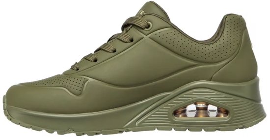 Zijaanzicht van een olijfgroene Skechers sneaker met luchtdemping en veters.