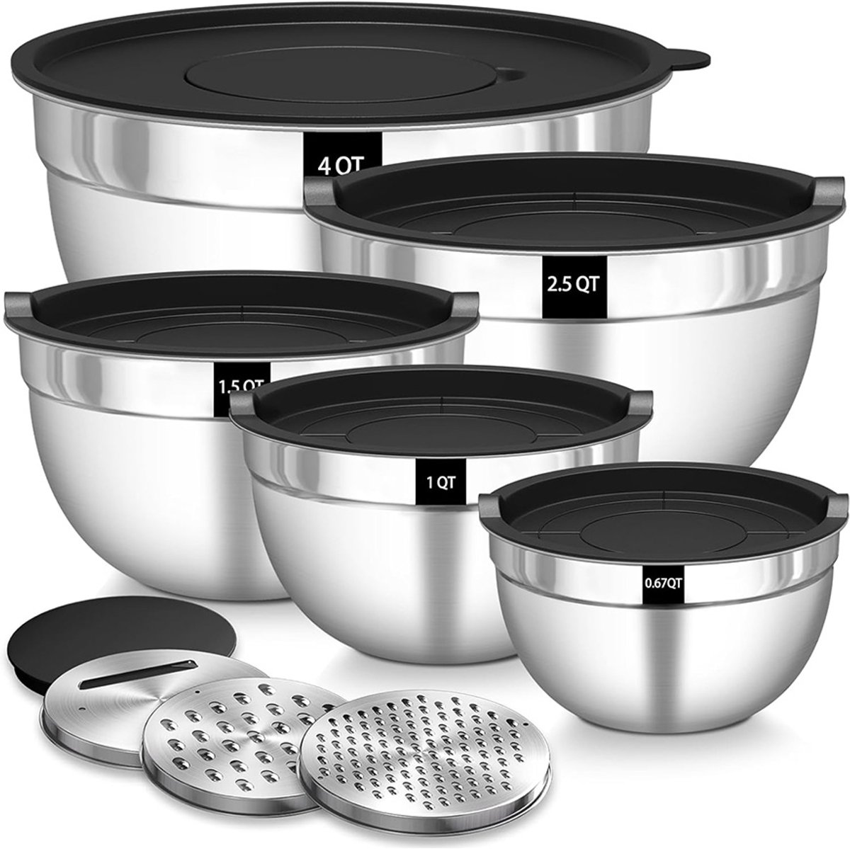 Saladekomset - 4 Stuks - Roestvrij Staal - Roestvrijstalen Kommen met Afsluitbare Deksels - Maten 4,5 L, 2,7 L, 1,6 L, 1,1 L, 0,7 L