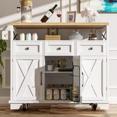 Îlot de cuisine moderne (118 × 43 × 98 cm) meuble de cuisine meuble de salle à manger avec chariot de salle à manger en grain de bois sur roulettes avec espace de rangement multifonctionnel, cloisons amovibles, avec porte-serviettes, blanc
