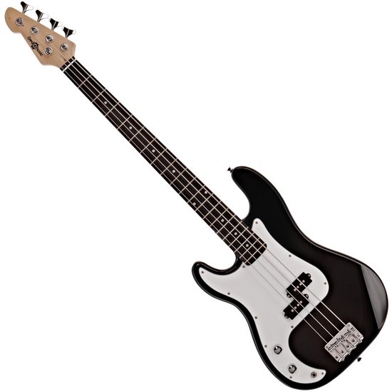 Zwarte basgitaar met wit slagplaat, twee elementen en chromen hardware, vanuit een hoek bekeken.