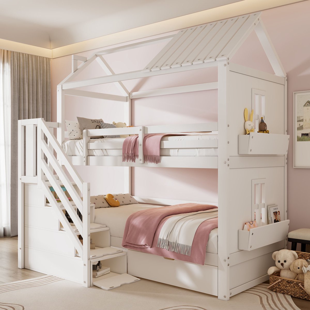 Merax Stapelbed - 90x200 cm - kinderbed - met opbergtrap - lades en planken - extra grote opbergruimte - zonder matras - wit