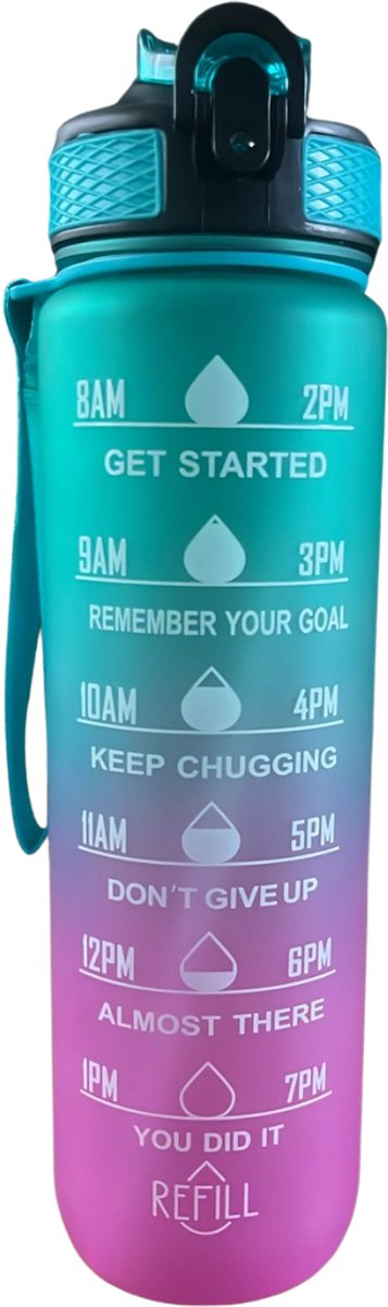 Velours Max® - Drinkfles - Motivatie Waterfles - Turquoise/Roze - Drinkflessen - Drinkfles 1 Liter - Drinkfles met Rietje - BPA Vrij - Volwassenen - Drinkfles Kinderen - 1 Liter Drinkfles - Kinderen - Sport - Water - Waterfles
