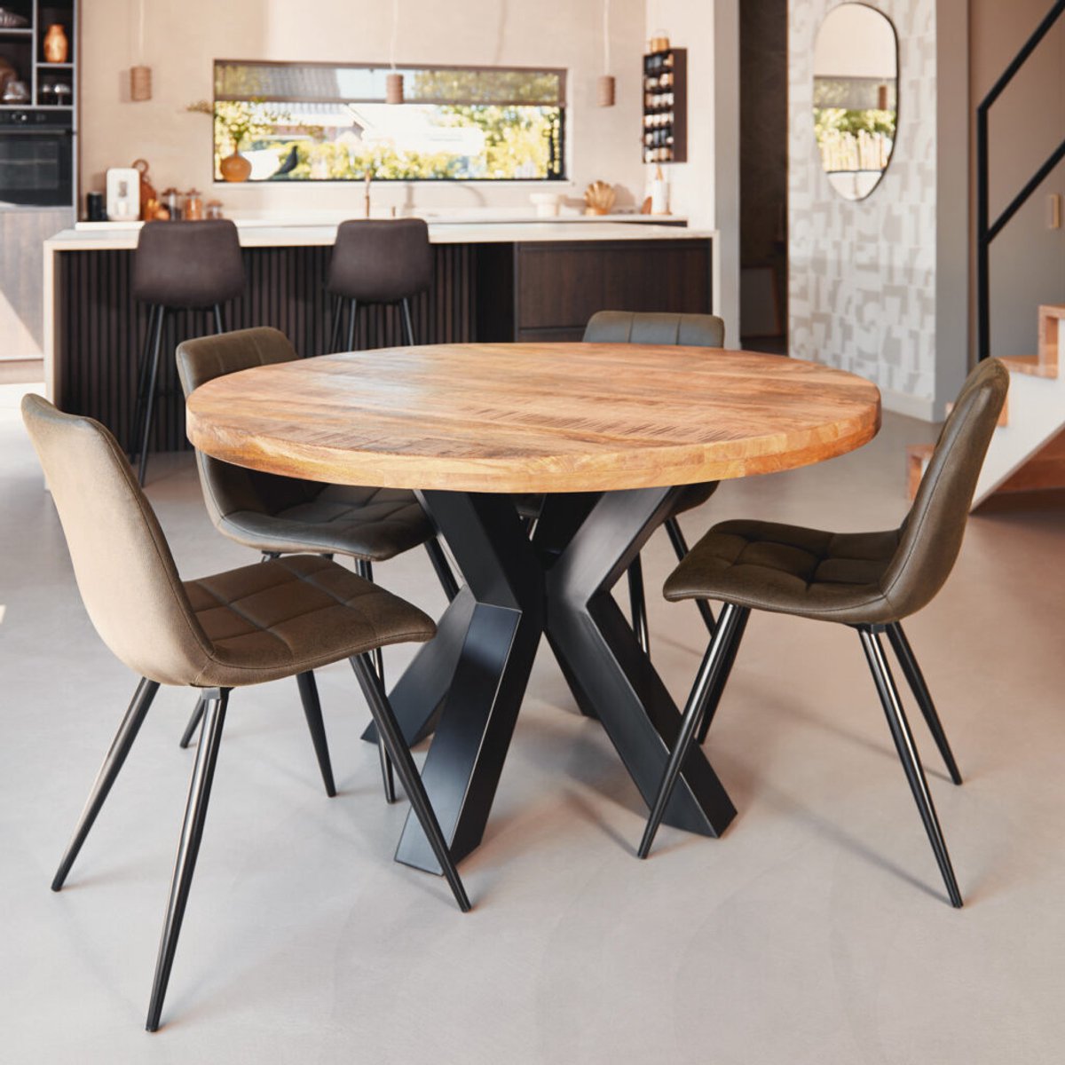 Ronde eettafel 110 cm mangohout glad rond 76cm 6cm dik blad