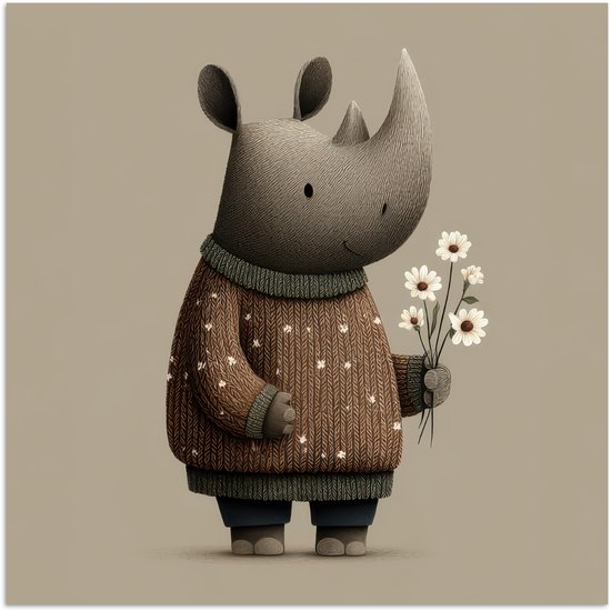 Een schattige neushoorn met een bruine trui met witte sterren, vasthoudend een bosje witte bloemen.