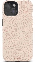 VivaLora Tough Telefoonhoesje iPhone 15 met MagSafe - Wavy Lines Print - 2-in-1 Phone Case - Hard Case & Siliconen Backcover - Extra Bescherming - Shockproof Cover - Ecru/Rood
