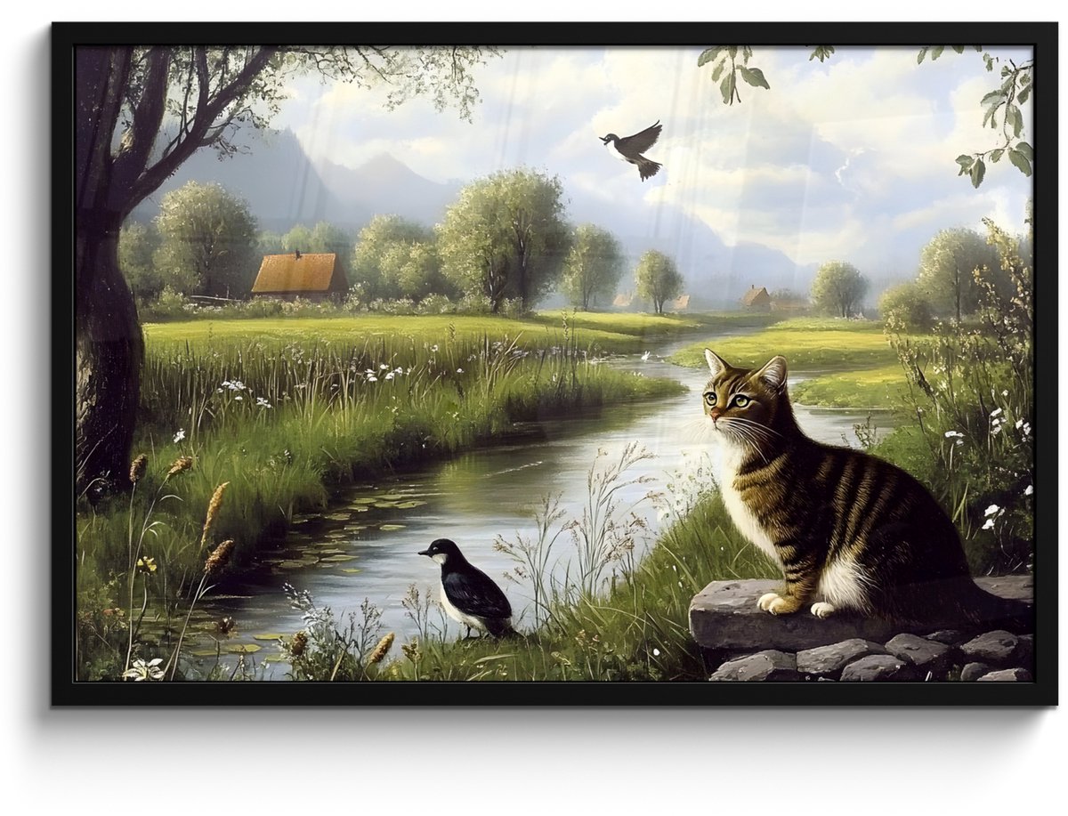 FrameYourWall Poster in lijst - Fotolijst 90x60 cm - Posters - Kat - Beekje - Weide - Posterlijst zwart - Decoratie - Wanddecoratie woonkamer - Muurdecoratie slaapkamer Kat - Natuur
