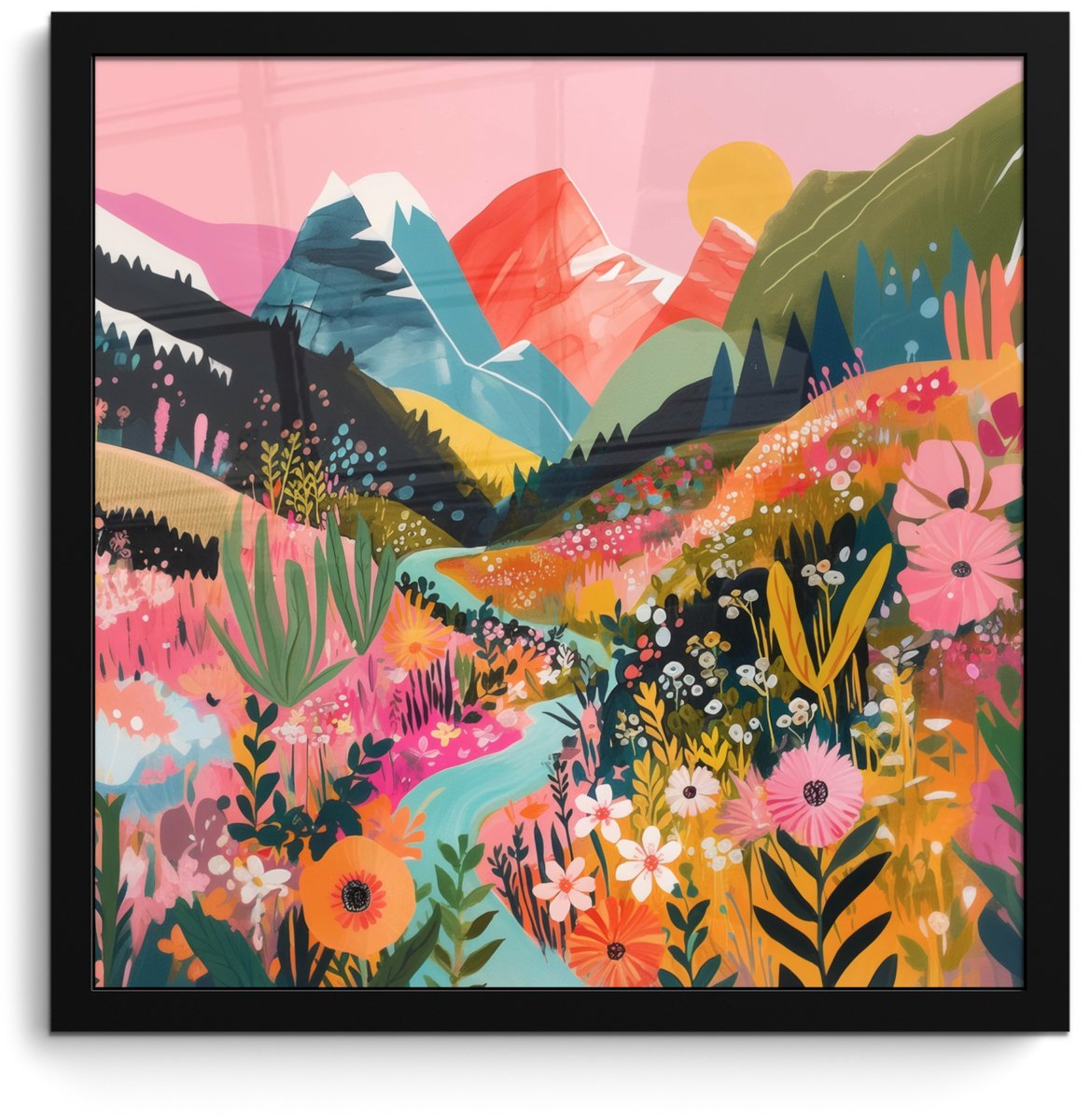 FrameYourWall Poster in lijst - Fotolijst 40x40 cm - Posters - Rivier - Diepte - Bloemen - Posterlijst zwart - Decoratie - Wanddecoratie woonkamer - Muurdecoratie slaapkamer Rivier - Bergen - Kleurrijk