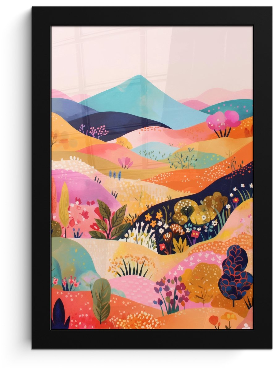 FrameYourWall Poster in lijst - Fotolijst 20x30 cm - Posters - Golvende heuvels - Abstracte planten - Dromerig - Posterlijst zwart - Decoratie - Wanddecoratie woonkamer - Muurdecoratie slaapkamer Heuvels - Kleurrijk