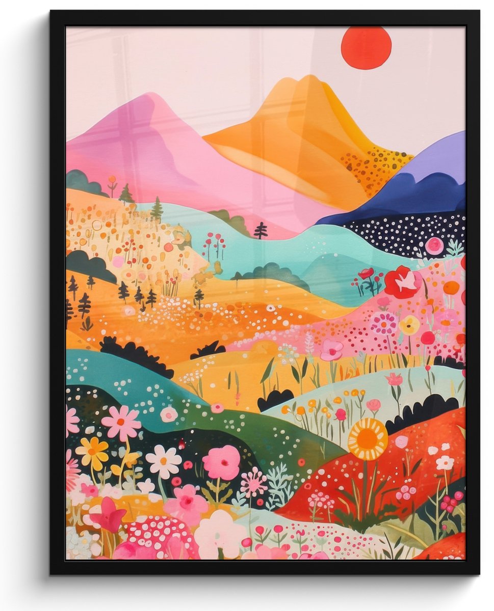 FrameYourWall Poster in lijst - Fotolijst 60x80 cm - Posters - Kleurrijke bloemen - Bergen - Fantasielandschap - Posterlijst zwart - Decoratie - Wanddecoratie woonkamer - Muurdecoratie slaapkamer Bloemen - Heuvels - Kleurrijk