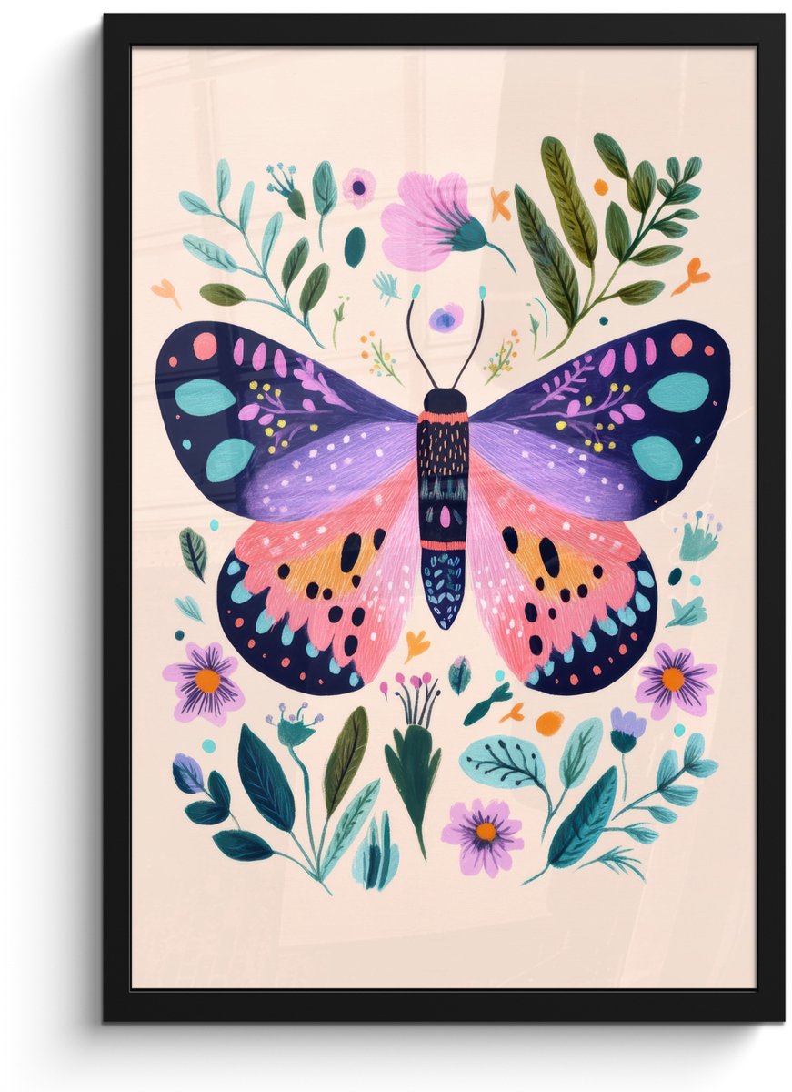 FrameYourWall Poster in lijst - Fotolijst 40x60 cm - Posters - Bloemen - Bladeren - Vlinder - Kleurrijk - Posterlijst zwart - Decoratie - Wanddecoratie woonkamer - Muurdecoratie slaapkamer Vlinder - Bloemen
