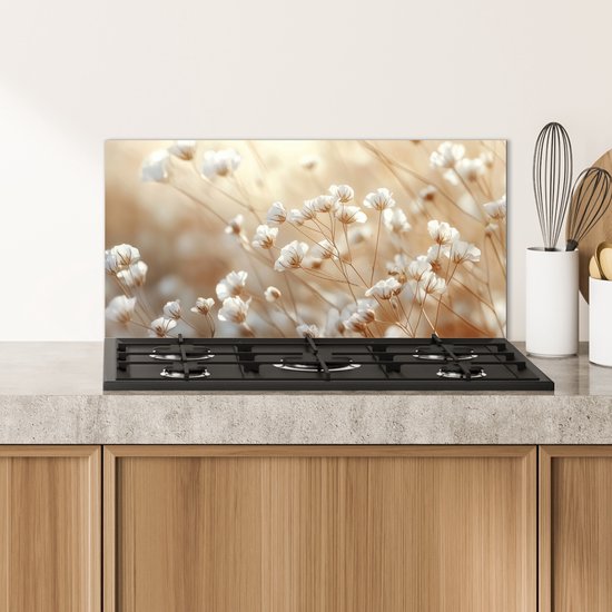 Crédence de Cuisinière en Aluminium 60x30 cm - Sauvage - Fleurs - Blanc - Écran Pare-éclaboussures pour Plaque de Cuisson - Protection Murale