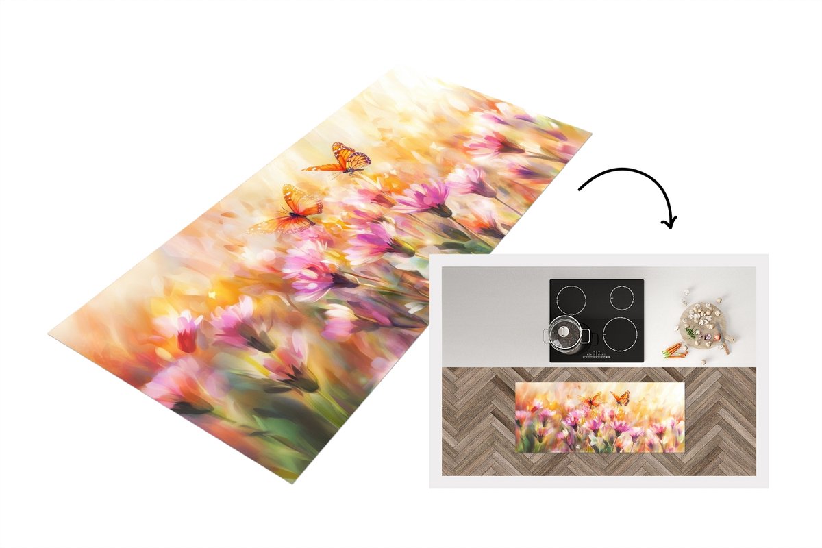KitchenYeah Keukenloper 120x50 cm - Keukenmat vinyl Vlinders - Oranje - Bloemen - Keukenmatten loper - Keuken vloerkleed tapijt